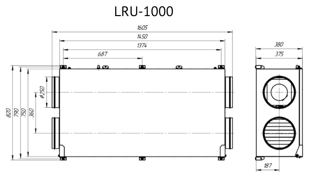 Габаритные размеры LRU-1000-PNWN-FP, мм — Приточно-вытяжная установка Supervent LRU-1000-PNWN-FP